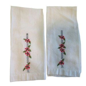 Vintage Hand Embroidered Guest Tea Hand Towels Pink Red Floral Minor Age Stains